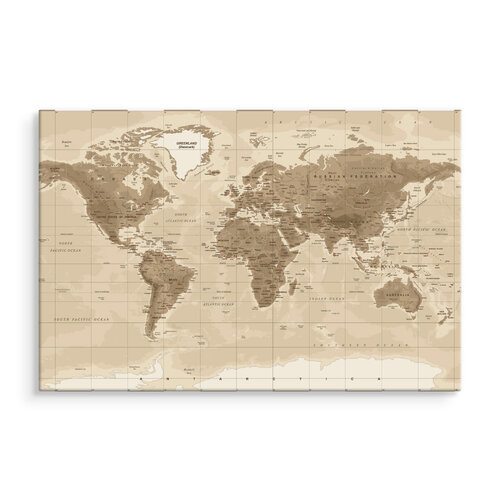 Schilderij -  Beige bruine  Wereldkaart  , Wanddecoratie , Premium print - 100x70