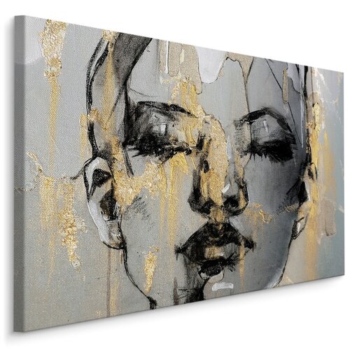 Schilderij - Vrouw omringt door Goud, zwart/grijs, Premium Print  90x60cm