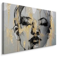 Schilderij - Vrouw omringt door Goud, zwart/grijs, Premium Print 100x70cm Schilderij - Vrouw omringt door Goud, zwart/grijs, Premium Print 100x70cm