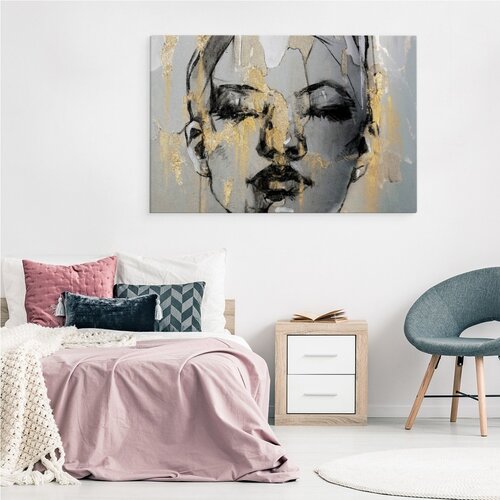Schilderij - Vrouw omringt door Goud, zwart/grijs, Premium Print  100x70cm