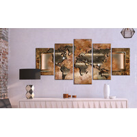 Schilderij - Stalen wereldkaart (staal look, dus canvas) 5 luik, Abstract afgebeeld, print op echt Italiaans canvas, voor woonkamer en slaapkamer, wanddecoratie - Copy
