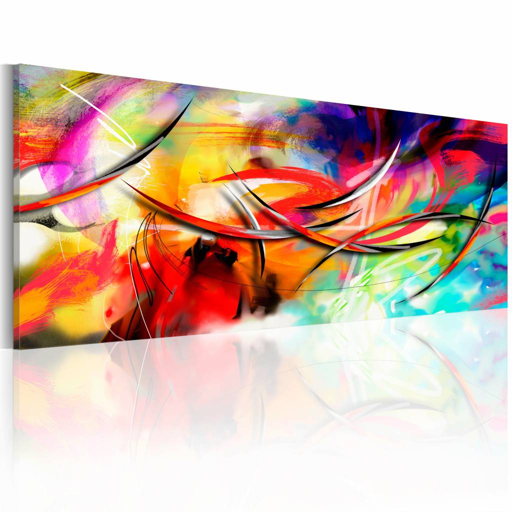 Schilderij - Dans van de regenboog, Multi-gekleurd, Wanddecoratie, premium Print op echt Italiaans canvas, voor woonkamer en slaapkamer, Abstracte afbeelding - 150x50cm