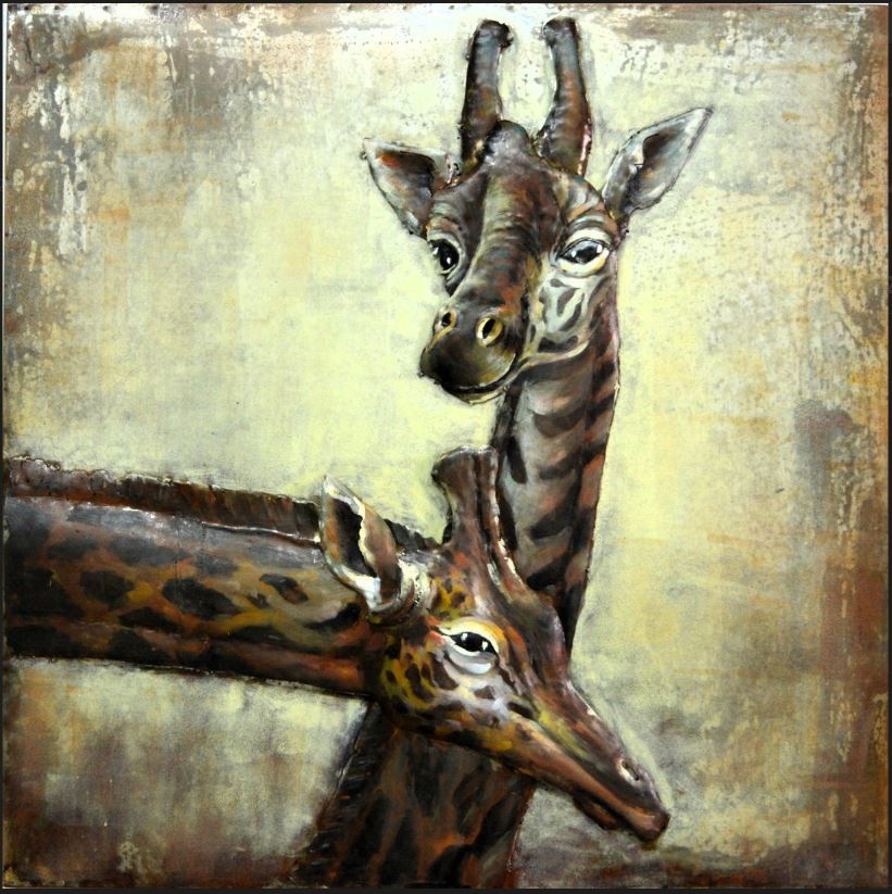 Schilderij - Metaalschilderij - Giraffen, 100x100cm, 3D schilderij