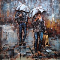 Schilderij -  Metaalschilderij - Twee mensen onder paraplu  ,100x100cm,  3D schilderij