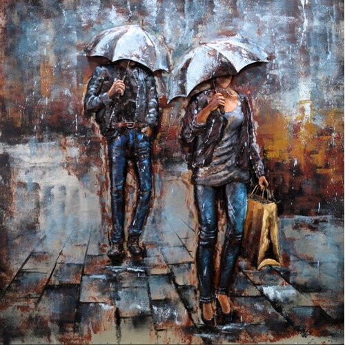 Schilderij -  Metaalschilderij - Twee mensen onder paraplu  ,100x100cm,  3D schilderij