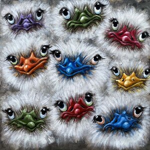 Schilderij -  Metaalschilderij - Gekleurde vogels ,100x100cm,  3D schilderij