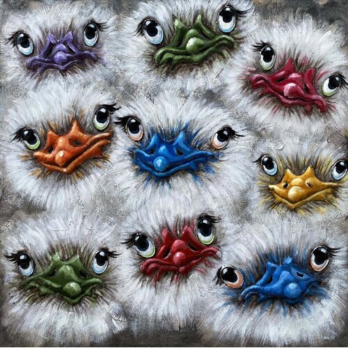 Schilderij -  Metaalschilderij - Gekleurde vogels ,100x100cm,  3D schilderij