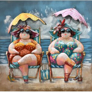 Schilderij -  Metaalschilderij - Dikke Dames op het strand met parasol ,100x100cm,  3D schilderij