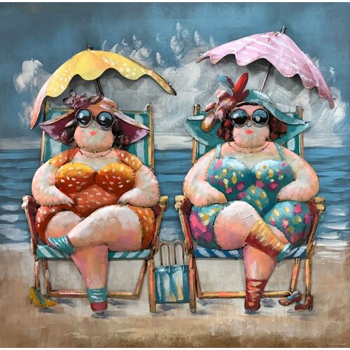 Schilderij -  Metaalschilderij - Dikke Dames op het strand met parasol ,100x100cm,  3D schilderij