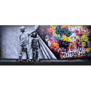 Schilderij -  Metaalschilderij -Graffiti met twee jongetjes ,  60x150cm,  3D schilderij