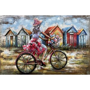 Schilderij -  Metaalschilderij -Meisje op rode fiets, 80x120cm,  3D schilderij