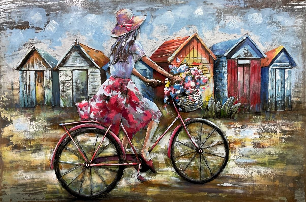 Schilderij - Metaalschilderij -Meisje op rode fiets, 80x120cm, 3D schilderij