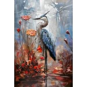Schilderij -  Metaalschilderij -Reiger in het water, 80x120cm,  3D schilderij
