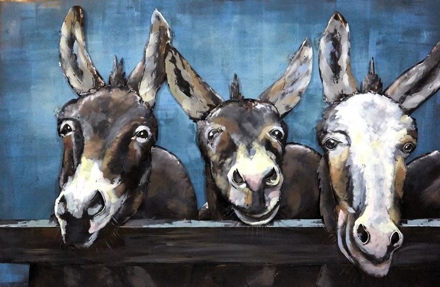 Karo-art Schilderij - Metaalschilderij - Drie Ezels, 80x120cm, 3D schilderij