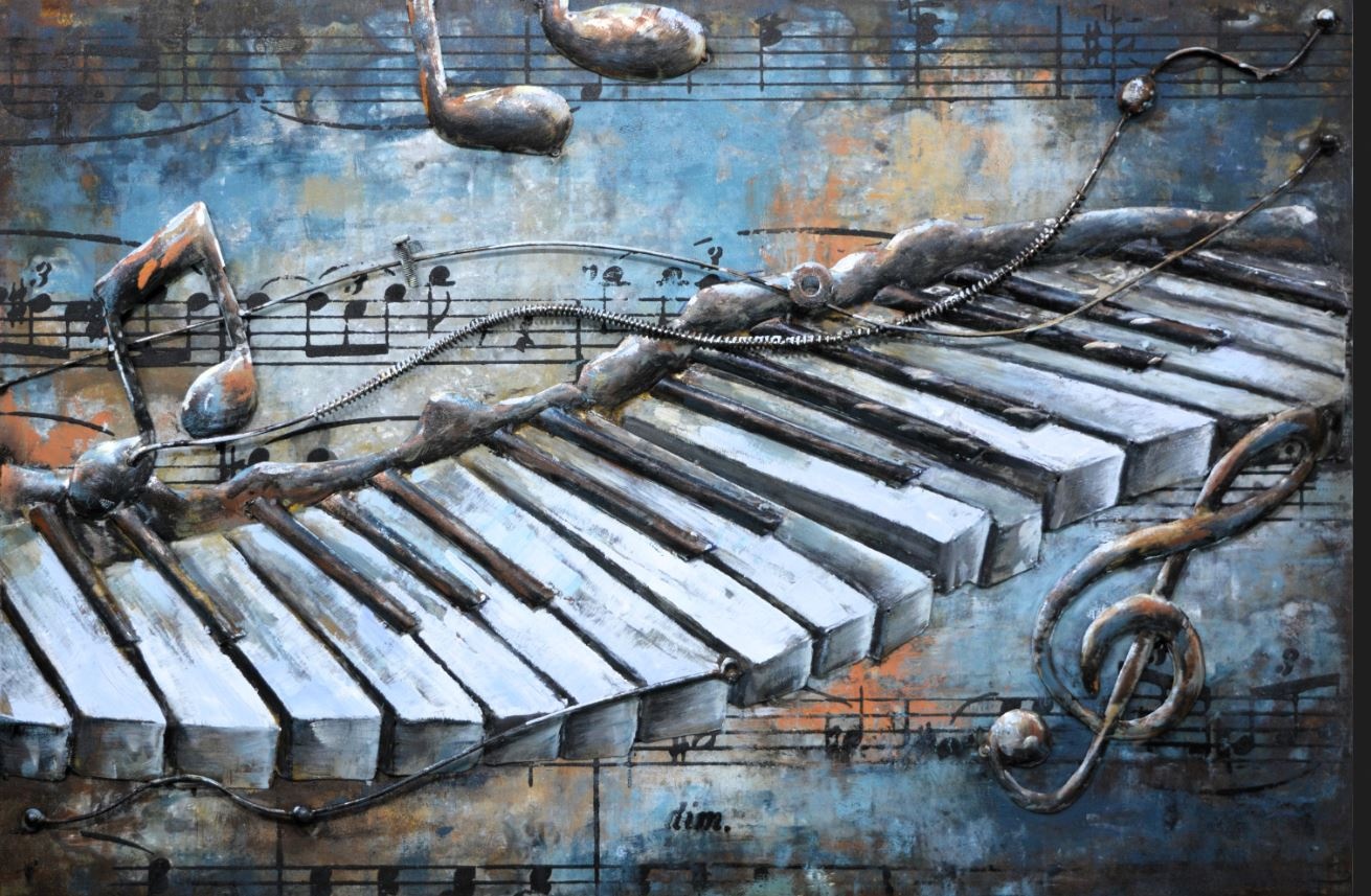 Schilderij - Metaalschilderij - Piano Toetsen, 80x120cm, 3D schilderij