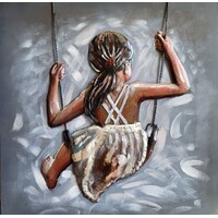 Schilderij -  Metaalschilderij -  Meisje op Schommel, 80x80cm,  3D schilderij