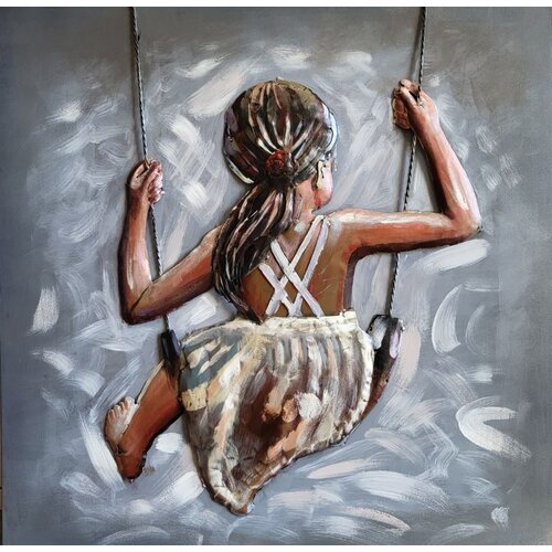 Schilderij -  Metaalschilderij -  Meisje op Schommel, 80x80cm,  3D schilderij
