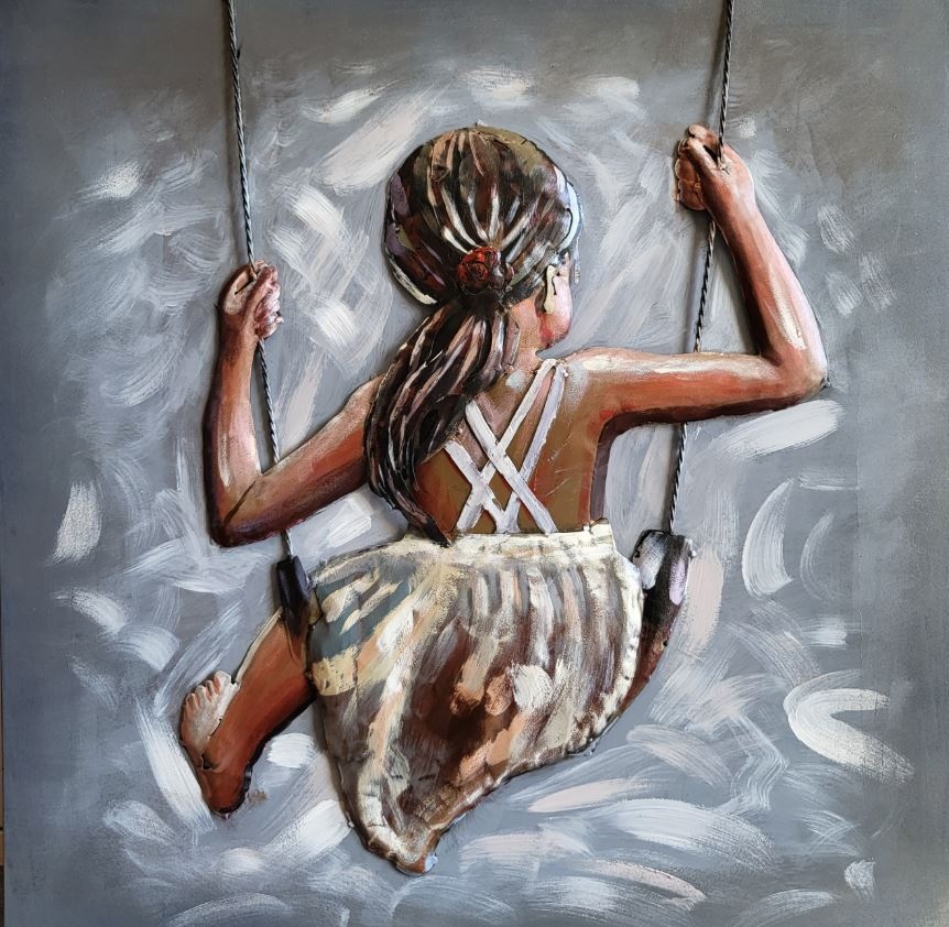 Karo-art Schilderij - Metaalschilderij - Meisje op Schommel, 80x80cm, 3D schilderij