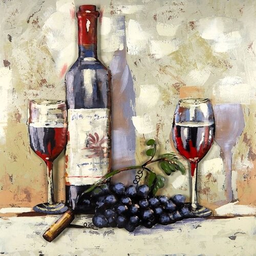 Schilderij -  Metaalschilderij - Fles rode wijn met glazen 80x80cm,  3D schilderij