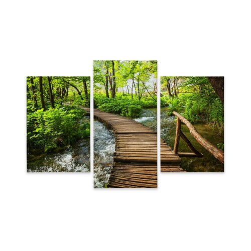 Schilderij - Houten loopbrug in het bos, 3 luik, premium print - 120x80 cm
