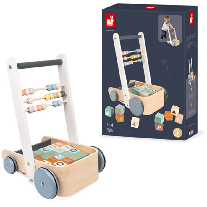 Janod Houten speelgoed - Buggy, Duwkar blokken abc - Sweet Cocoon