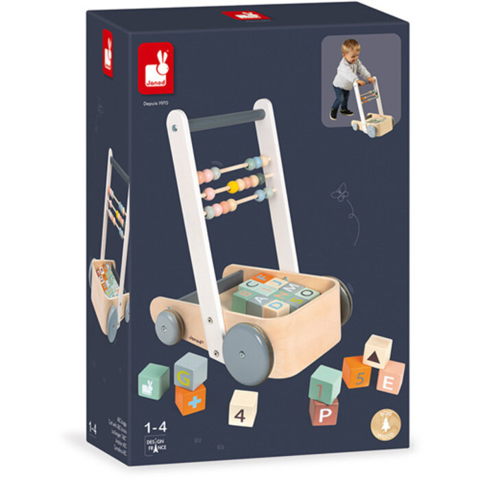Janod Houten speelgoed - Buggy, Duwkar blokken abc - Sweet Cocoon