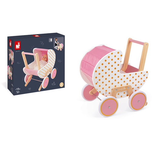 Handschrift Mantsjoerije single Janod, houten poppen/kinderwagen - candy chic, 12 mnd, op voorraad -  Educatief Speelgoed