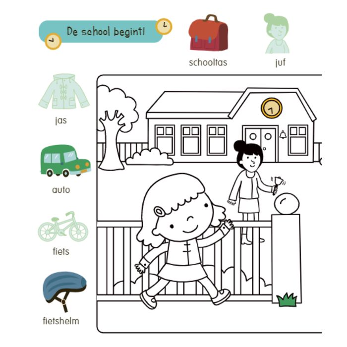 Deltas Kleur- en stickerboek met woordjes - op school (3-5 jaar)