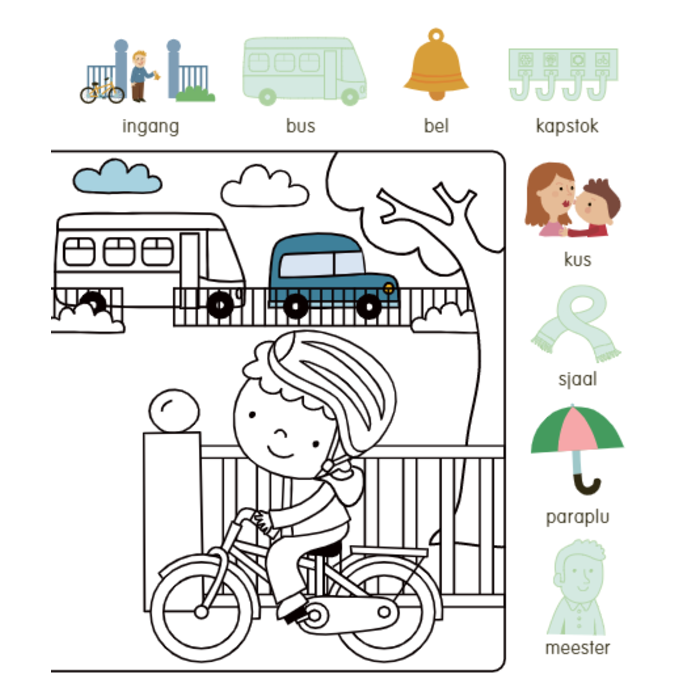 Deltas Kleur- en stickerboek met woordjes - op school (3-5 jaar)