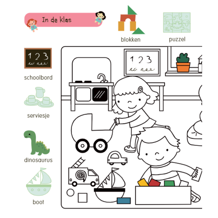 Deltas Kleur- en stickerboek met woordjes - op school (3-5 jaar)