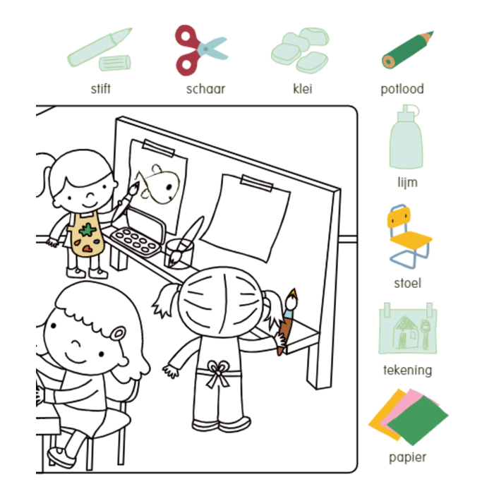 Deltas Kleur- en stickerboek met woordjes - op school (3-5 jaar)