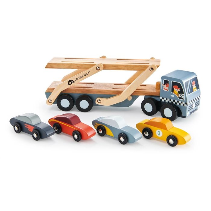 Tender Leaf Toys Houten speelgoed - auto transporter met 4 raceauto's