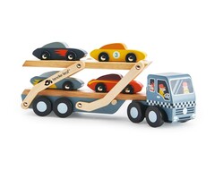 Tender Leaf Toys Houten speelgoed - auto transporter met 4 raceauto's