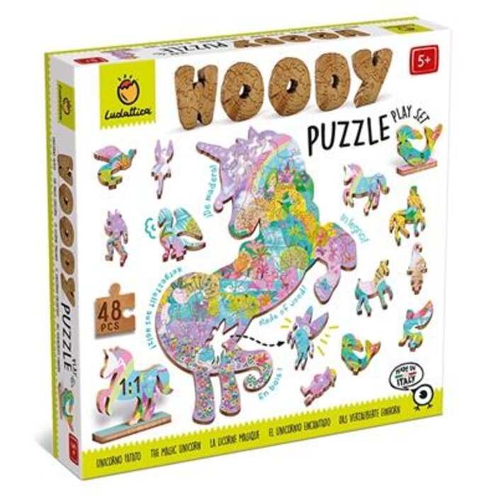 Ludattica Houten puzzel - landschap in de vorm van een eenhoorn (48 stuks incl 12 vormen)