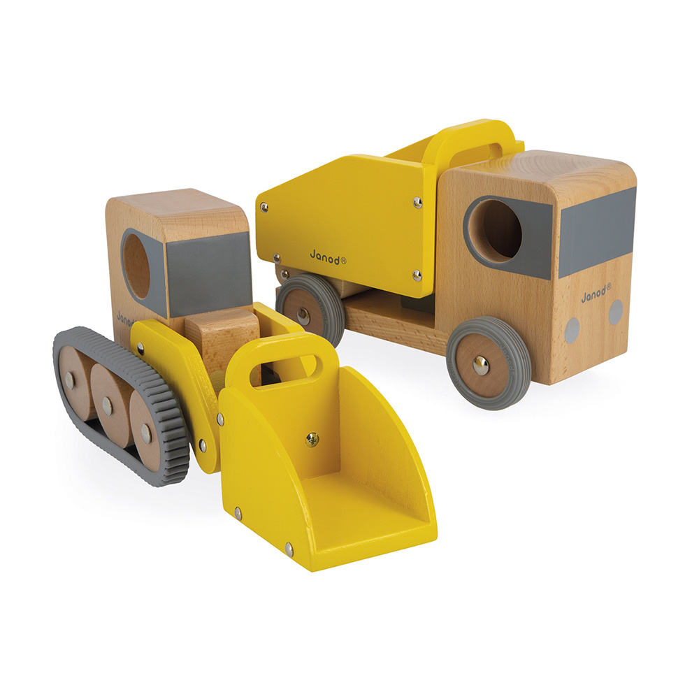 blauwe vinvis Lelie Glimlach Janod, Houten speelgoed - kiepwagen en bulldozer, 2+, op voorraad -  Educatief Speelgoed