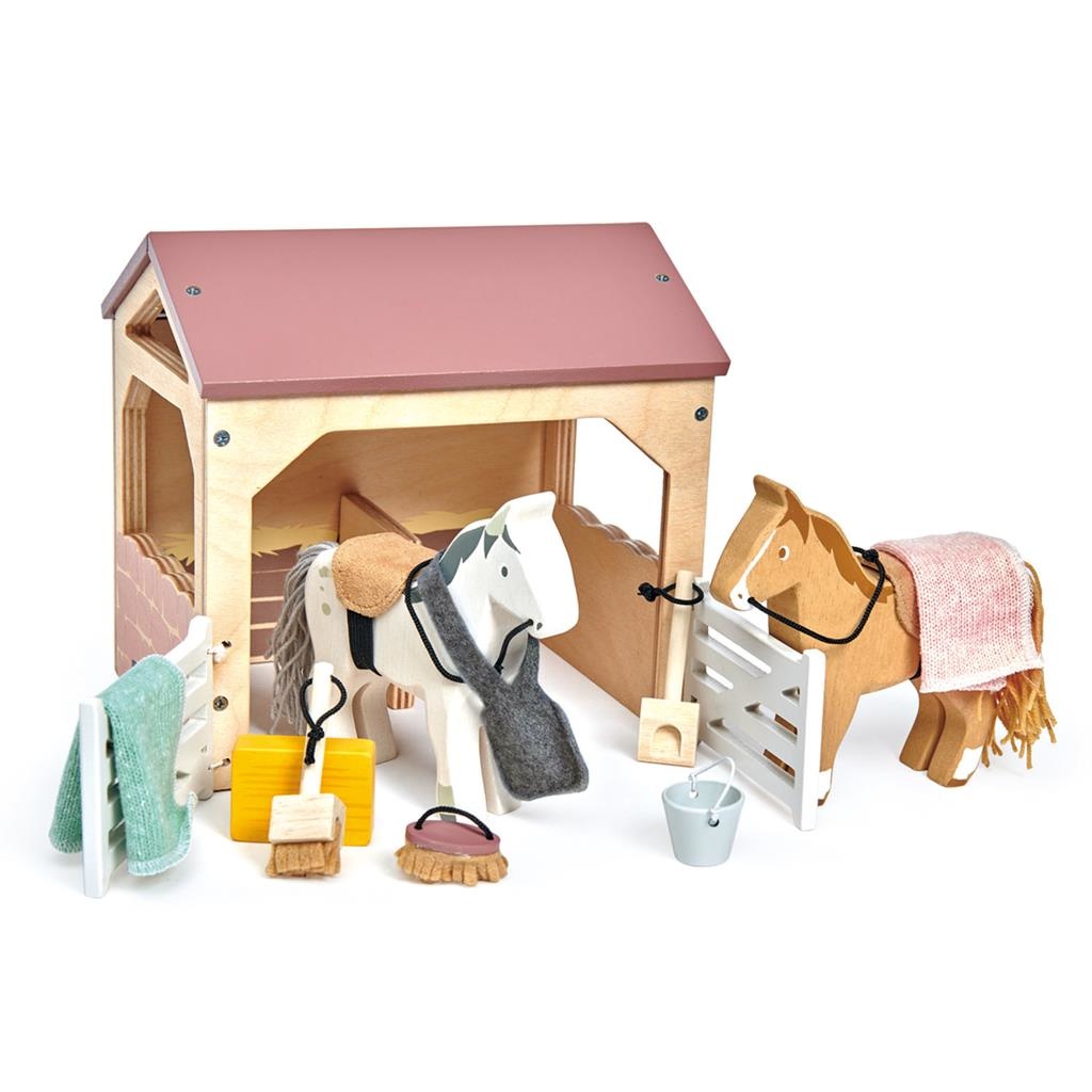 Op en neer gaan silhouet Perforeren Tender Leaf,Houten speelgoed - Paardenstal met 2 pony's en accessoires -  Educatief Speelgoed