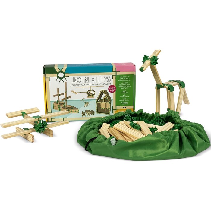 JOIN CLIPS Basis, Home editie - 200 clips + 40 houten (bouw)plankjes + speel-opbergkleed
