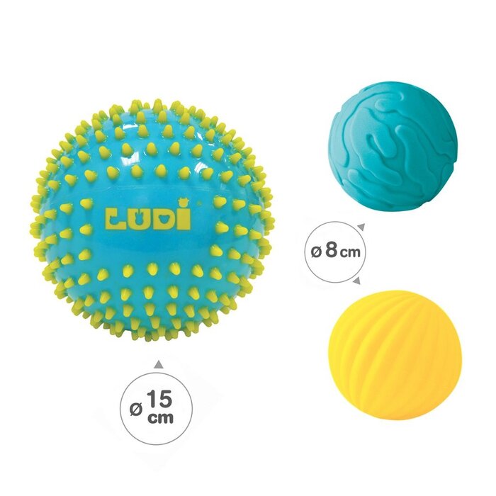Ludi Sensorische ballen - 2 ballen 8 cm, 1 bal 15 cm, blauw