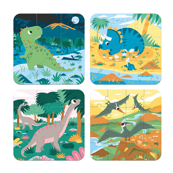 Janod 4 Puzzels - dinosaurus (6-9-12-16 stukjes)