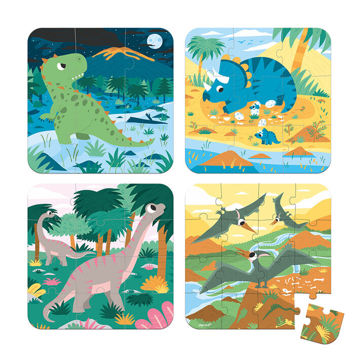 Janod 4 Puzzels - dinosaurus (6-9-12-16 stukjes)