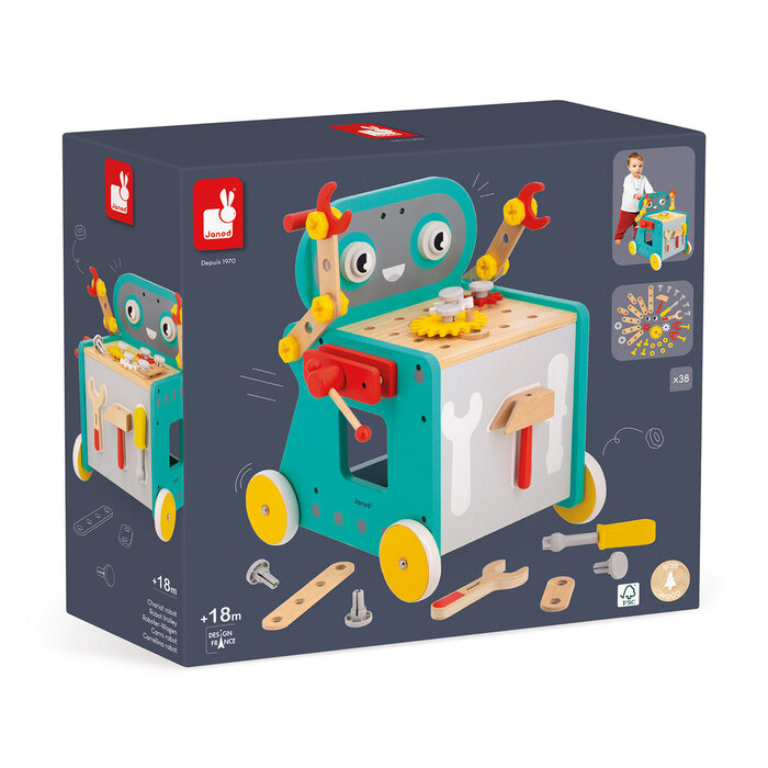 Janod Houten speelgoed - Brico'kids - gereedschapswagen robot