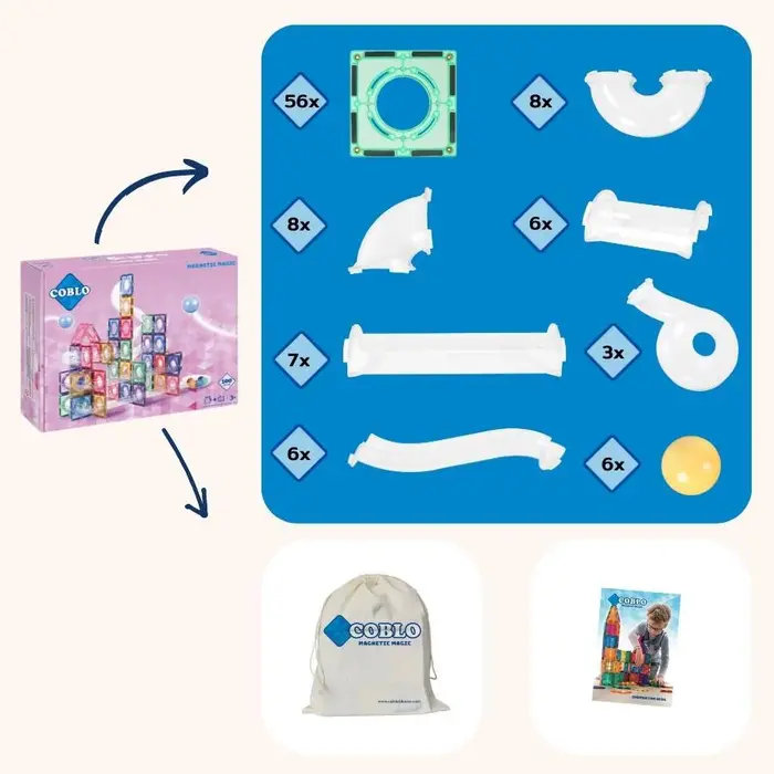 Coblo Magnetische tegels - Pastel Knikkerbaan - 100 stuks - Magnetische knikkerbaan