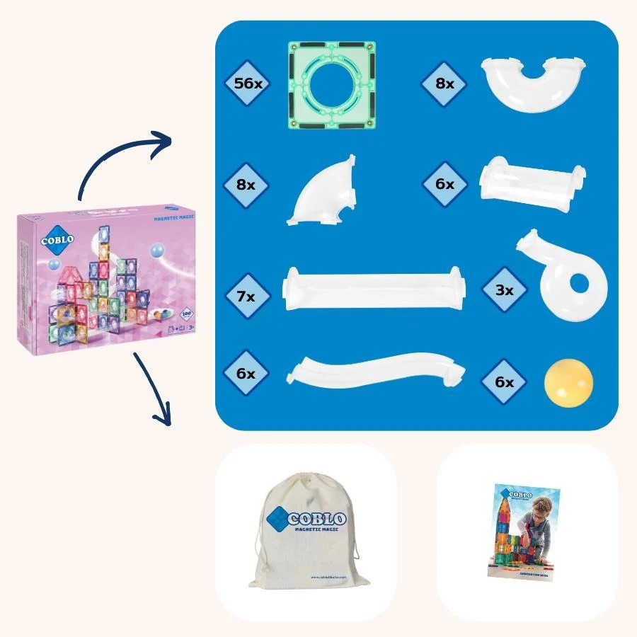 Coblo Magnetische tegels - Pastel Knikkerbaan - 100 stuks - Magnetische knikkerbaan