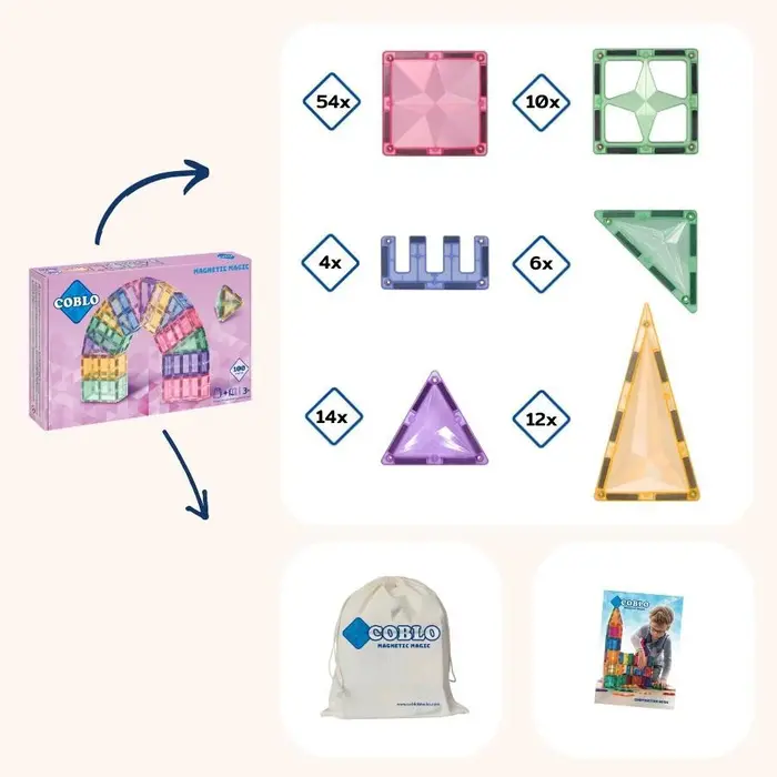 Coblo Magnetische tegels - Pastel - 100 stuks - Magnetische bouwstenen