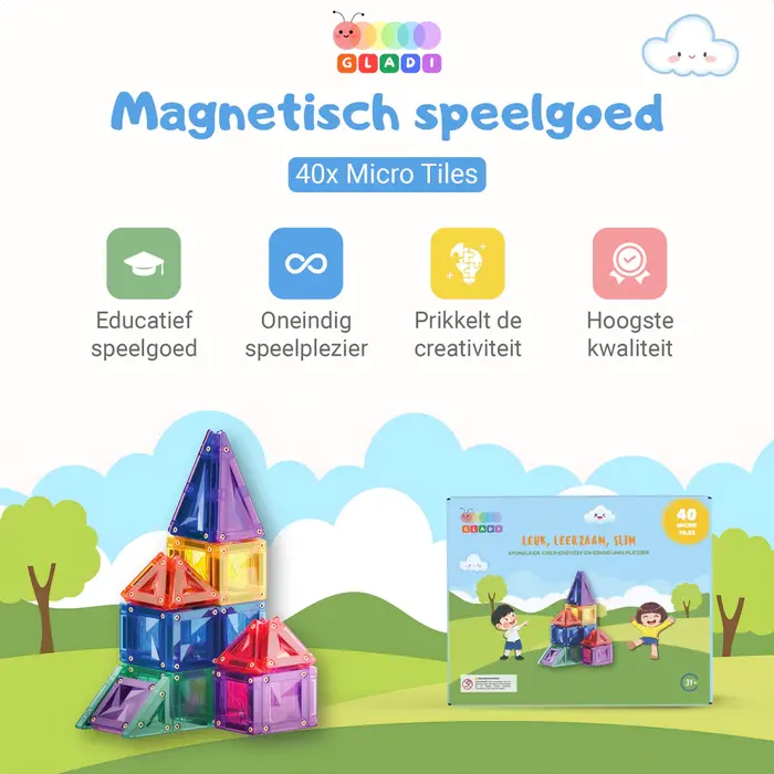 Gladi Magnetische micro tegels (klein "reis"formaat) 40 delig