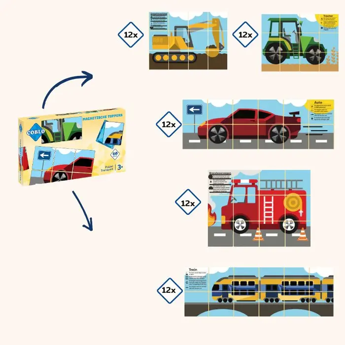 Coblo Magnetische tegels - Toppers puzzel transport -  60 stuks