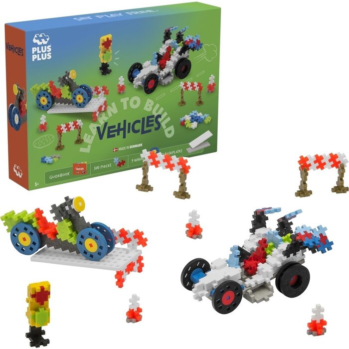 Plus-Plus Mini - learn to build, voertuigen - 500 stukjes met 9 wielen en 2 bouwplaten