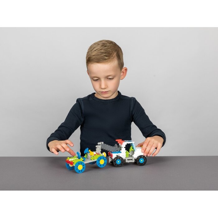 Plus-Plus Mini - learn to build, voertuigen - 500 stukjes met 9 wielen en 2 bouwplaten