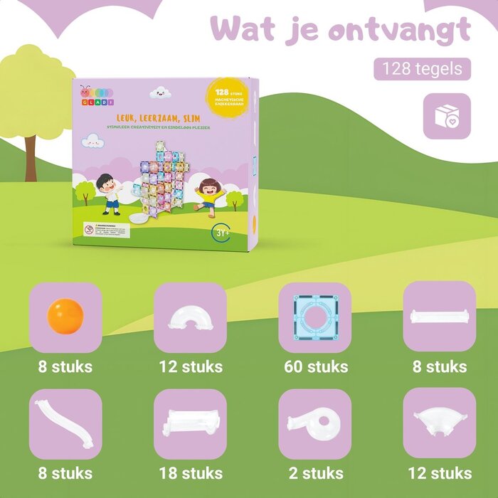 Gladi Magnetische tegels - pastel knikkerbaan - 128 delig