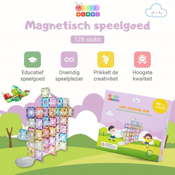 Gladi Magnetische tegels - pastel knikkerbaan - 128 delig